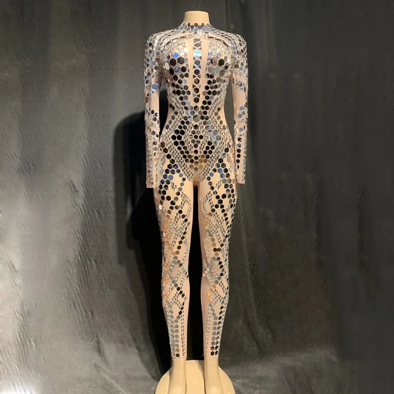 بدلة للجسم بمرآة بأكمام طويلة للنساء للنوادي الليلية ملابس الرقص نموذج فتاة الإستعراض ملابس المسرح ملابس عرض الحفلات Gogo yj802