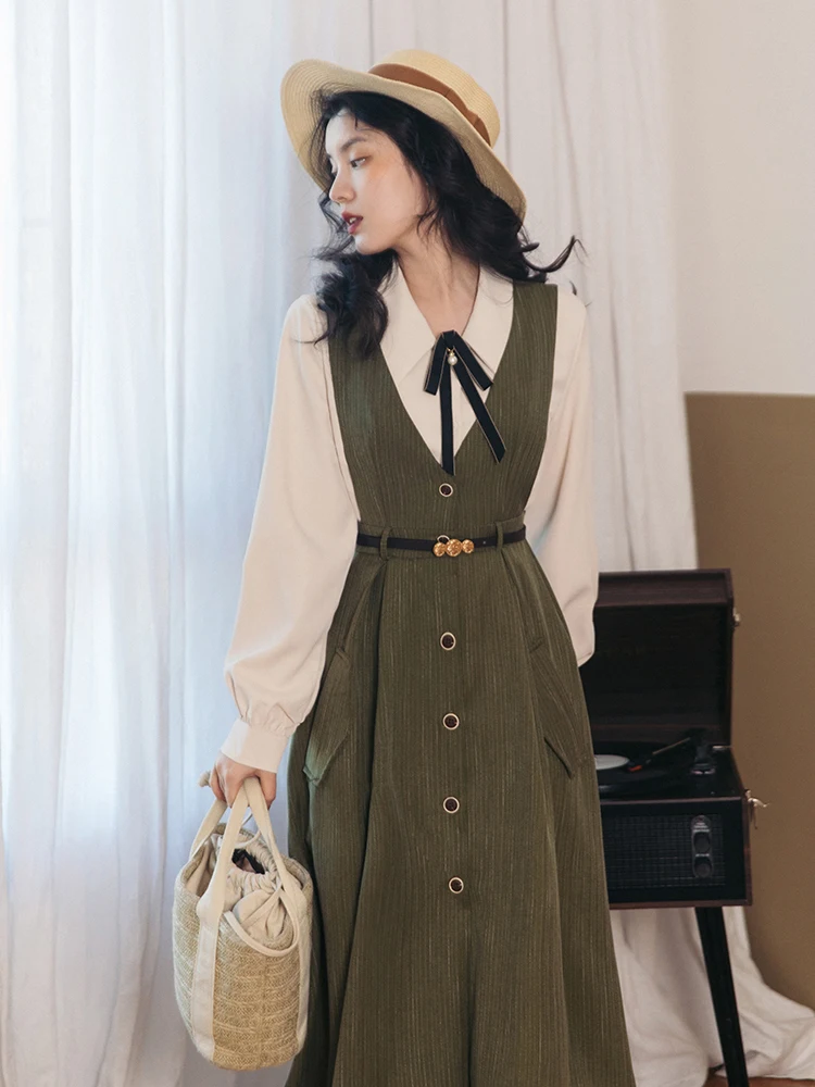 Office Lady Two Piece Dress Set Women Autumn Winter White Blouse and Long Woolen Dress With Belt Outfits