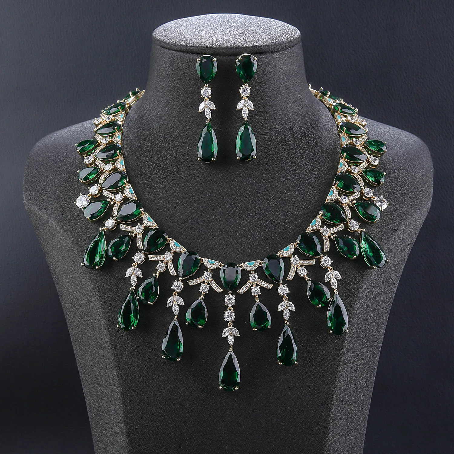 Dubai Luxury Bridal Jewelry Water Drop Cubic Zirconia  Necklace Earring Set Women Wedding Evening Party Costume Jewelry CN11889