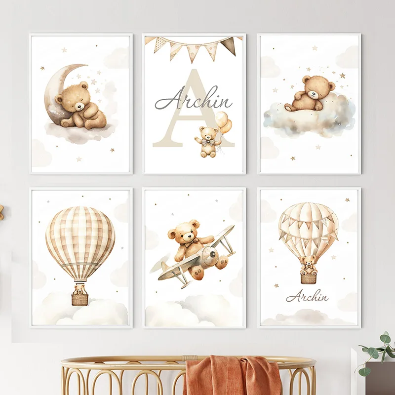 （2D Canvas painting） Cute Bear Balloon Aircraft Moon Cloud Balloon Nursery Wall Art Canvas Painting Posters And Prints Pictur