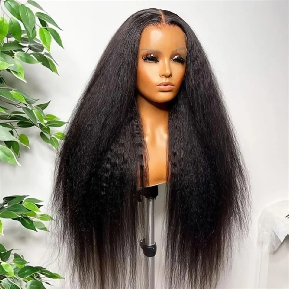 Perruque Yaki droite crépue noire pour femme, densité 180, devant en dentelle douce naturelle, cheveux de bébé pré-épilés, degré de chaleur, 26 po