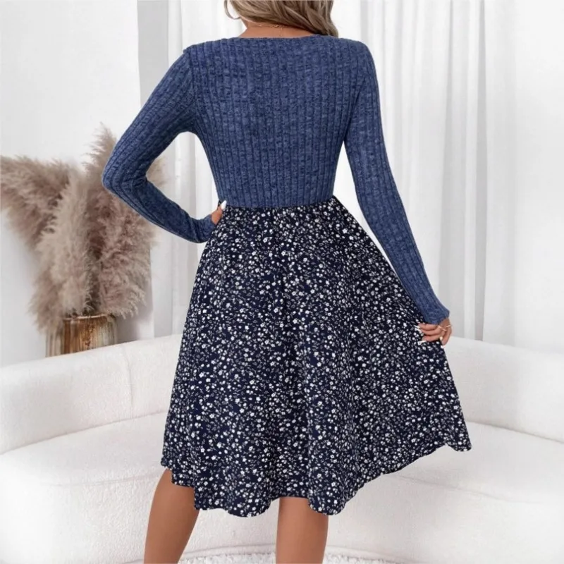 2025 가을 겨울 여성용 플로럴 V넥 스플라이싱 보헤미안 드레스 우아한 긴팔 바디콘 탑 드레스 여성 패션 베스티도스