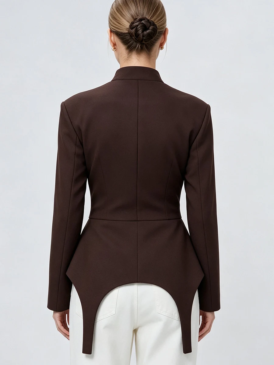 LIMO Women Mandarin Collar Frog Button  Waist Irregular Curved Hem Long Sleeve Elegant Chinese Style Tailored Suit Coat