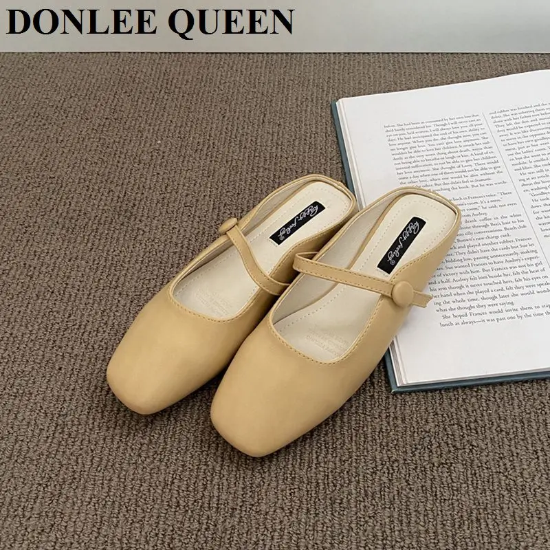 New Brand Slippers Women Square Toe Slip On Mules Shoes Fashion Mary Janes Flats Heel Ladies Slides Female Spring Loafers Mujer