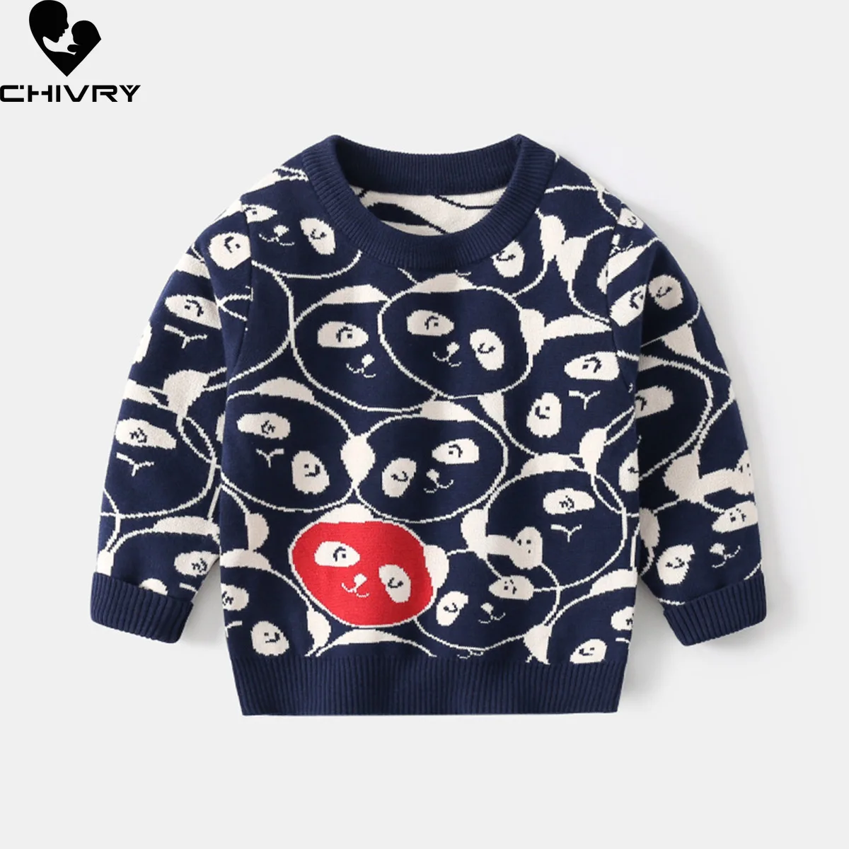 Kids Boys Casual Cute Cartoon Panda Knitted Crew Neck Pullover Sweater Toddler Baby Knitwear Children's Autumn Winter Sweaters