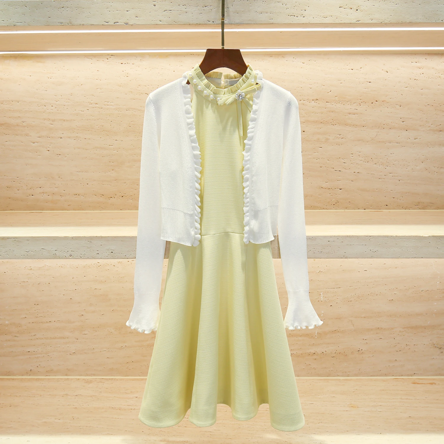 

High-End Knitted Spring Fashion Set for Women with Lace Sleeves Open Cardigan And Hanging Neck Dress Elegant Style