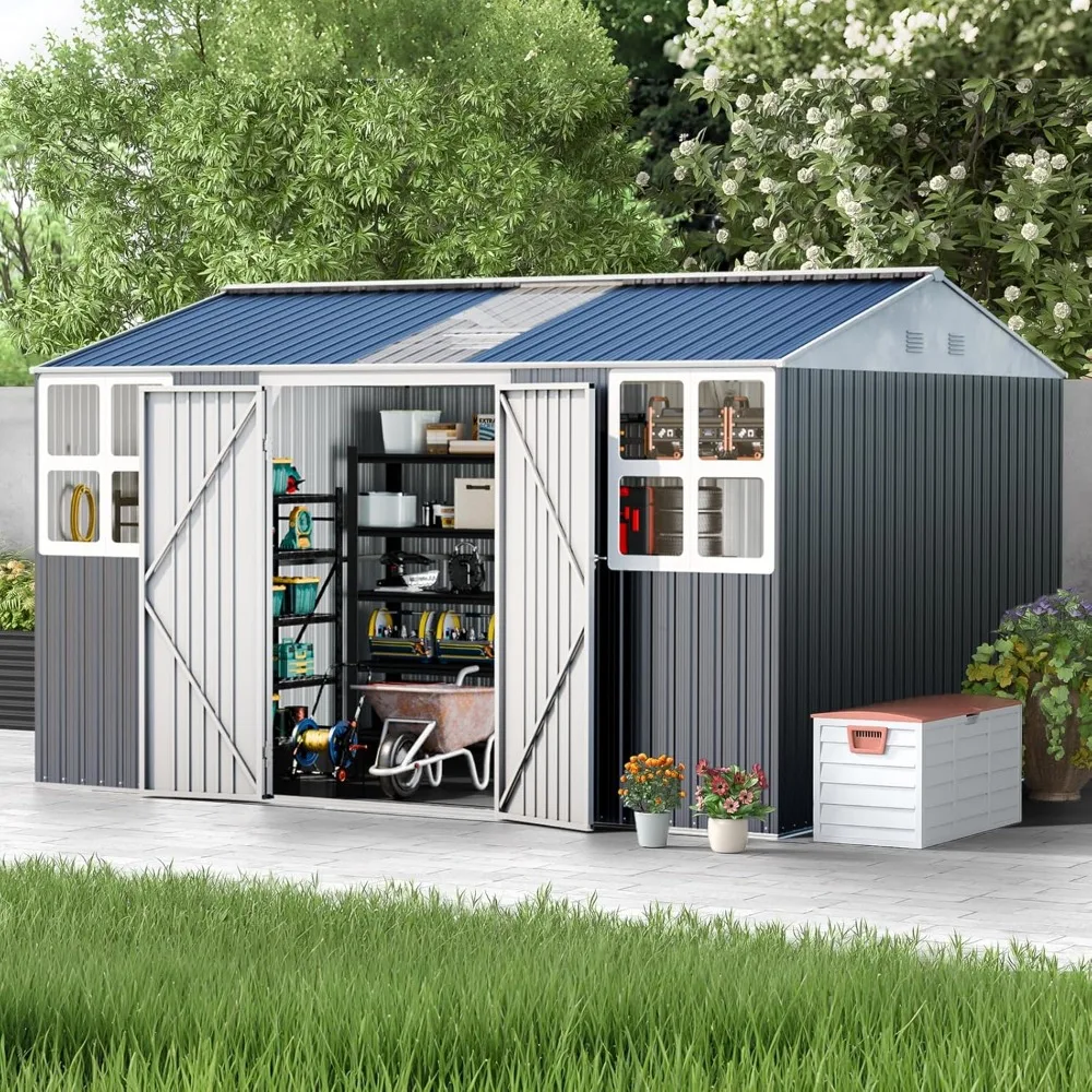 

12x10 FT Metal Sheds & Outdoor Storage: Heavy Duty Garden Sheds with Dual Transparent Panels, 2x4-Pane Windows & Hinged Double D