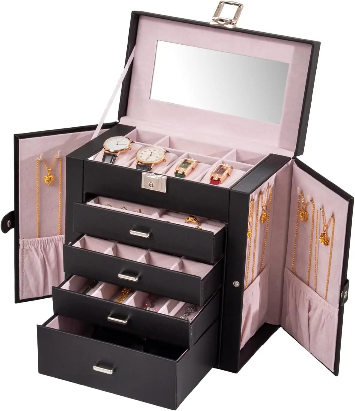 

Large Jewelry Box, 5-Tier Pu Leather Jewelry Organizer with Lock, Multi-Functional Storage Case with Mirror