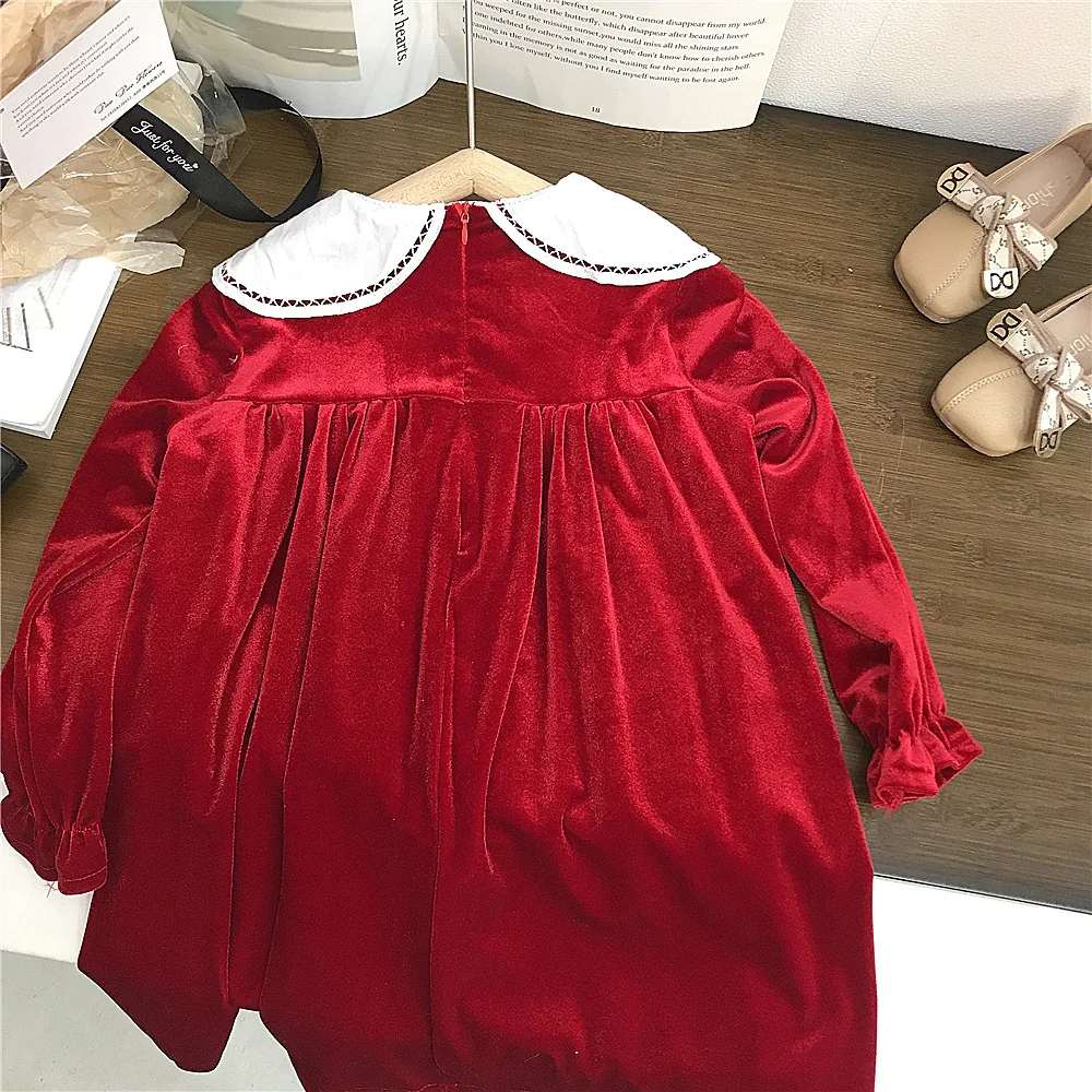 

Girls' Velvet Dress Spring and Autumn New Children's Vintage Style Petal Collar Princess Dress Little Girl Long Dress