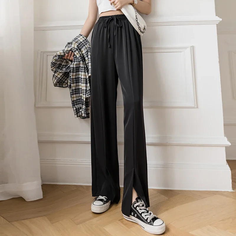 

Women Casual Loose Long Thin Straight Pants Elastic Waist Wide Leg Pant Female Drawstring Split High Waist Trousers 2024 Bottoms