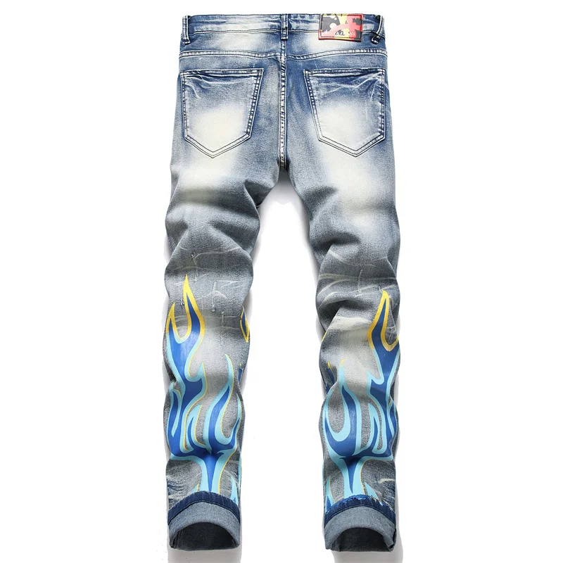 Punk trendy vintage blue jeans men's slim fit stretch ripped print personality unique skinny retro biker's trousers