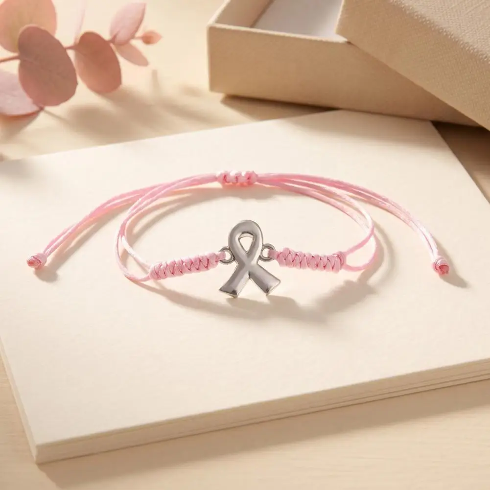 Meaningful Caring Themed Gift 2pcs Hand-woven Braided Bracelets with Metal Ribbon Pendant Adjustable Cord Awareness Wristbands