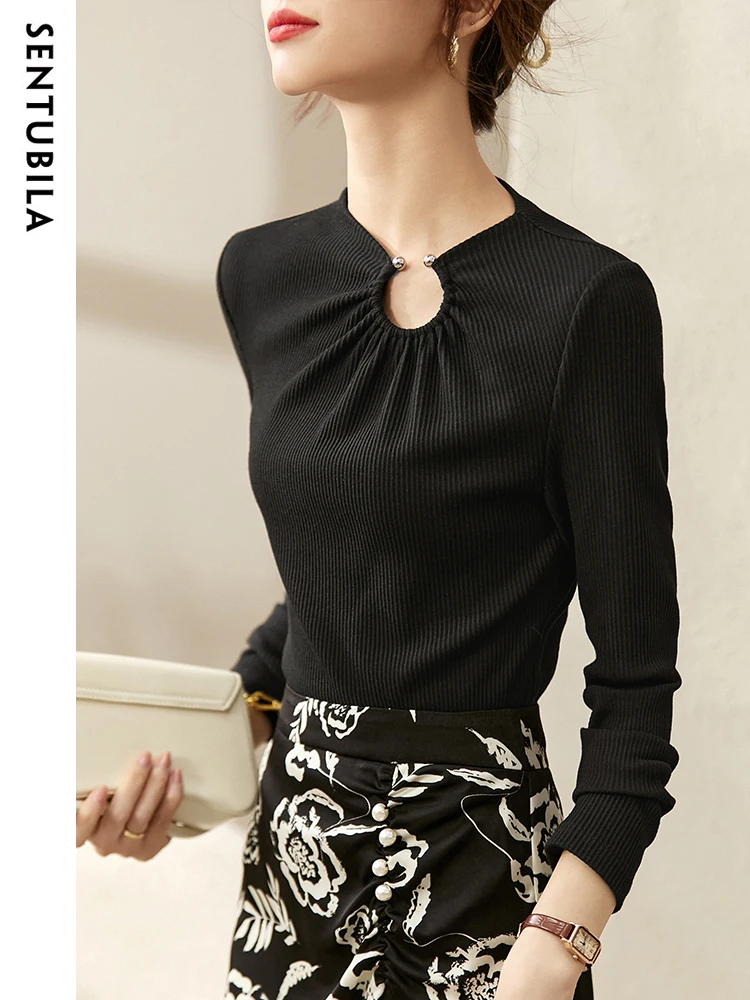 SENTUBILA Black Knitted T-shirts  for Women Long Sleeve Tops 2024 Cut Out Gathered Round Neck Slim Fashion T Shirts 123T45020