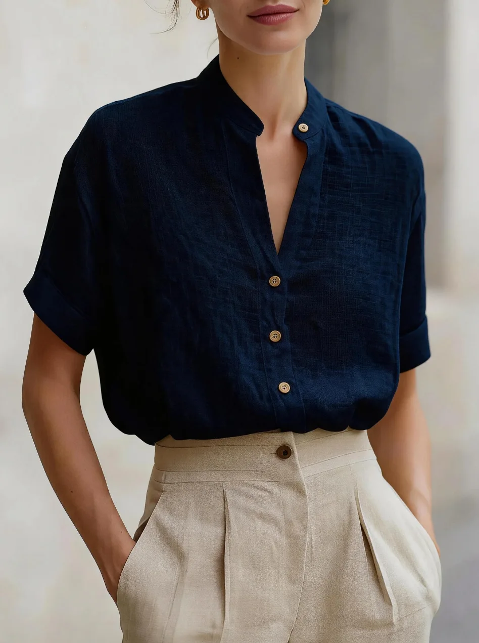 

Women's Shirt Summer New French Elegant Commuting Style V-Neck Button Front Slim Fit Cotton Linen Fabric Short Sleeved Shirt