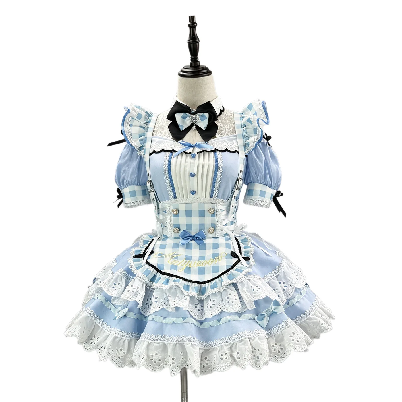 Disfraces de Cosplay de Anime Estilo Japonés para Chicas Dulces y Lindas, Trajes de Sirvienta Azules a Cuadros, Top Lolita de Manga Corta y Falda con Delantal para Mujer