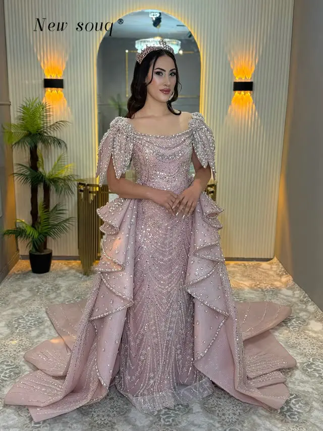 

Вечерние платья пыльно-розового цвета с вырезом-лодочкой и съемным шлейфом, украшенные блестящими кристаллами, арабские торжественные свадебные платья на заказ