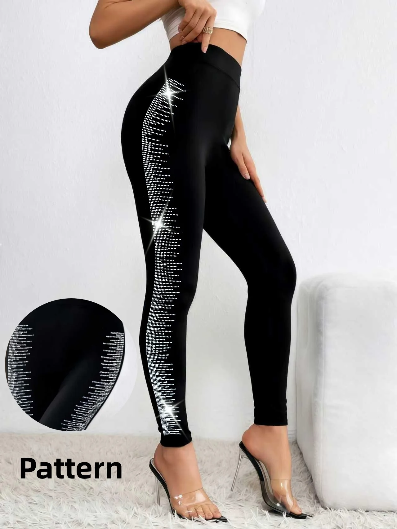 Women's Side Full Star Rhinestone Black Leggings High Waist High Stretch Knitted Fashion Shiny Casual Sports Wear