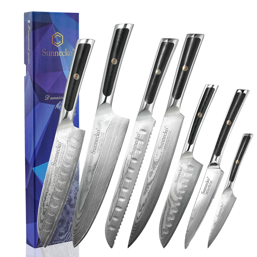 Zestaw noży kuchennych Sunnecko z ostrzem damasceńskim, 1-7 sztuk: noże typu cleaver, santoku, do obierania owoców, do krojenia, japońskie noże szefa kuchni, narzędzia.