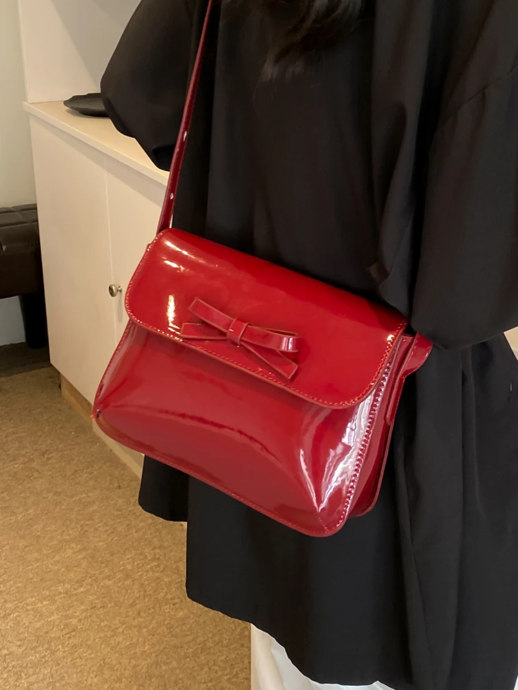 Lacquer Leather Red Small Square Bag Women 2024 New Fashionable Sweet Bow Crossbody Bag Lady High-end Flip Cover PU Shoulder Bag