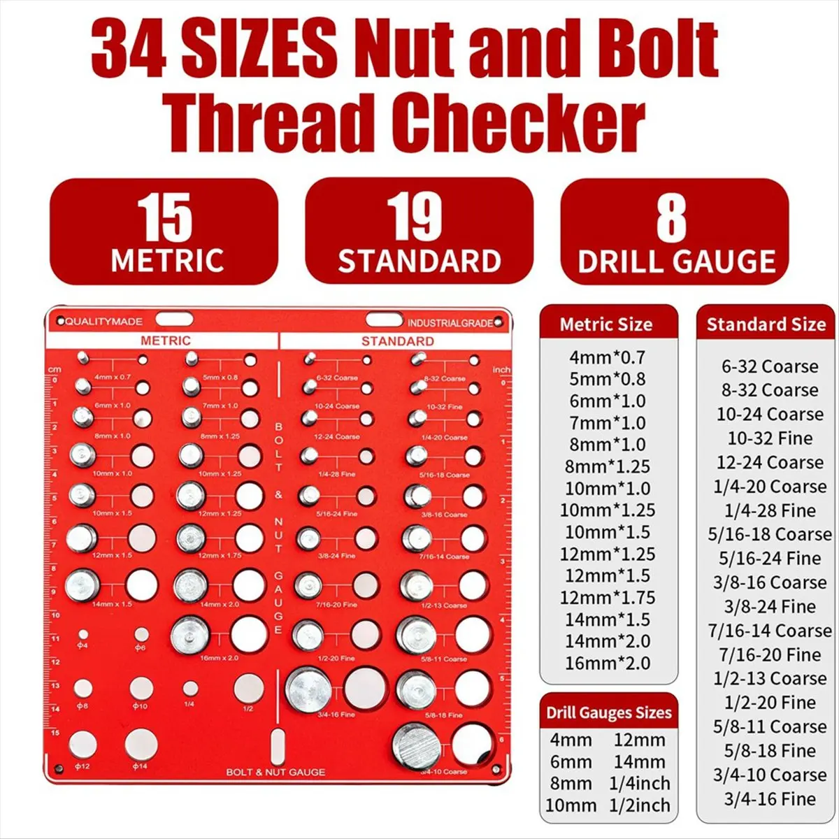 FTGT-, 42 Nut and Bolt , Bolt Size and Thread Gauge, Bolt and Nut Identifier Gauge