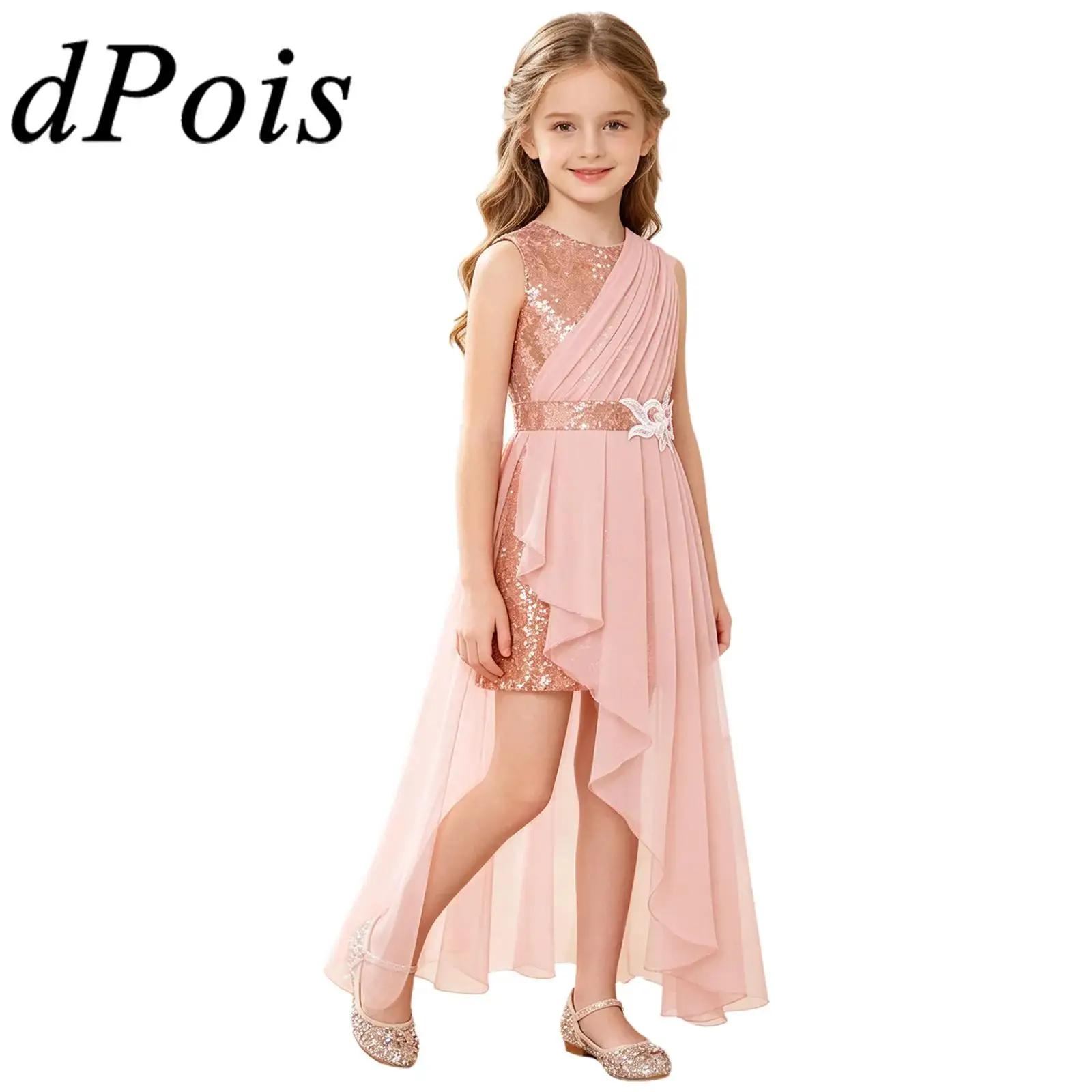 

Childs Sleeveless Girls Modern Dancewear Sparkly Pageant Birthday Dress Prom Gown Sequined Dress Kids Performance Costume