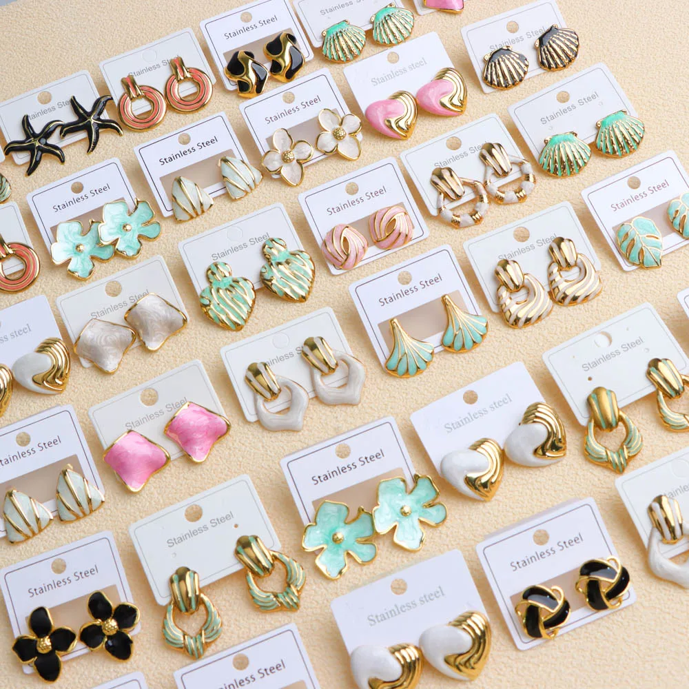 20Pairs/Lot Multicolor Enamel Stainless Steel Women Men Fashion Stud Earrings Party Gifts Jewelry Accessories Mixed Style