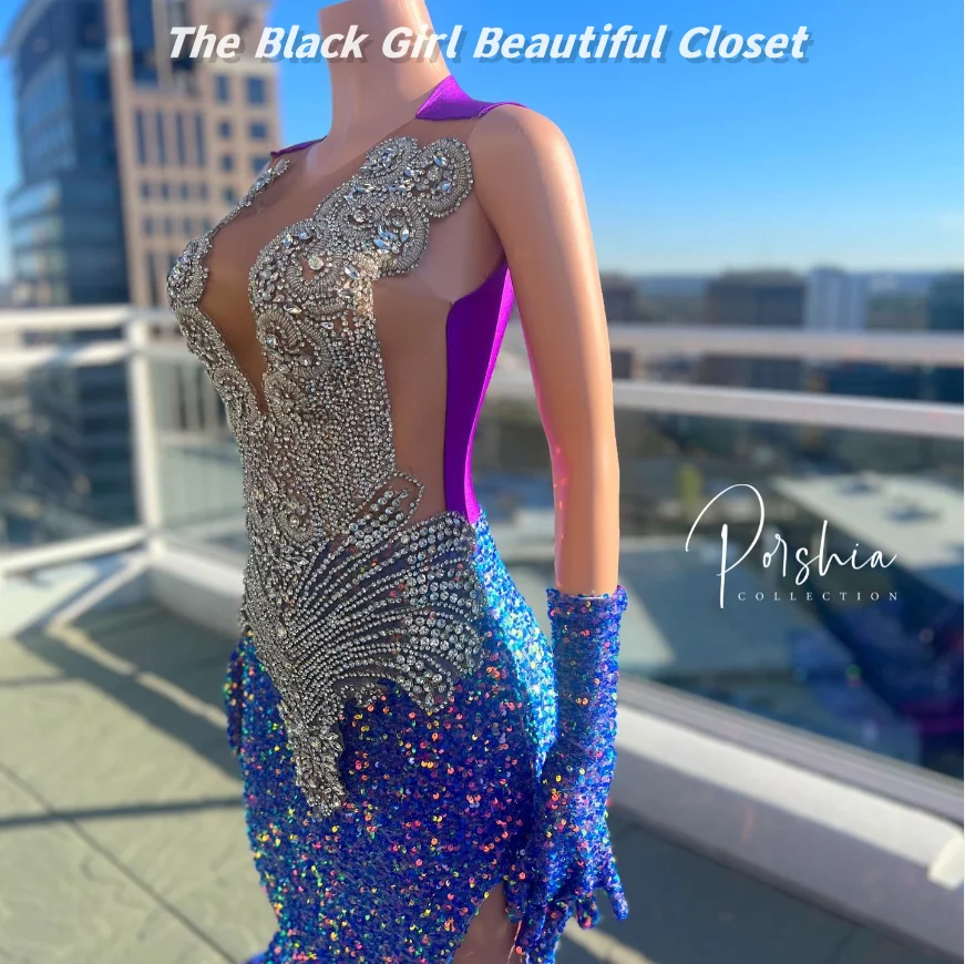 Deep Blue Glitter Prom Dress New Diamond Encrusted Crystal Sequins Birthday Party Gown African Girls O Neck Fishtail Long Dress