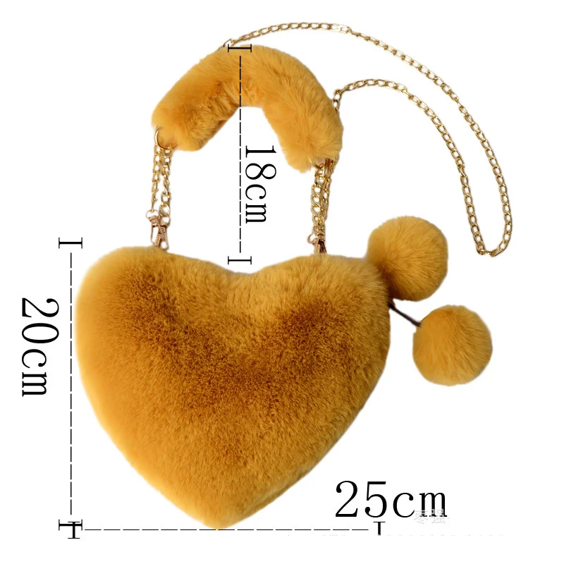 ISKYBOB Women Faux Fur Heart-shaped Small Handbags Luxury Fluffy Plush Ladies Chain Shoulder Bag Fashion Female Underarm Purse