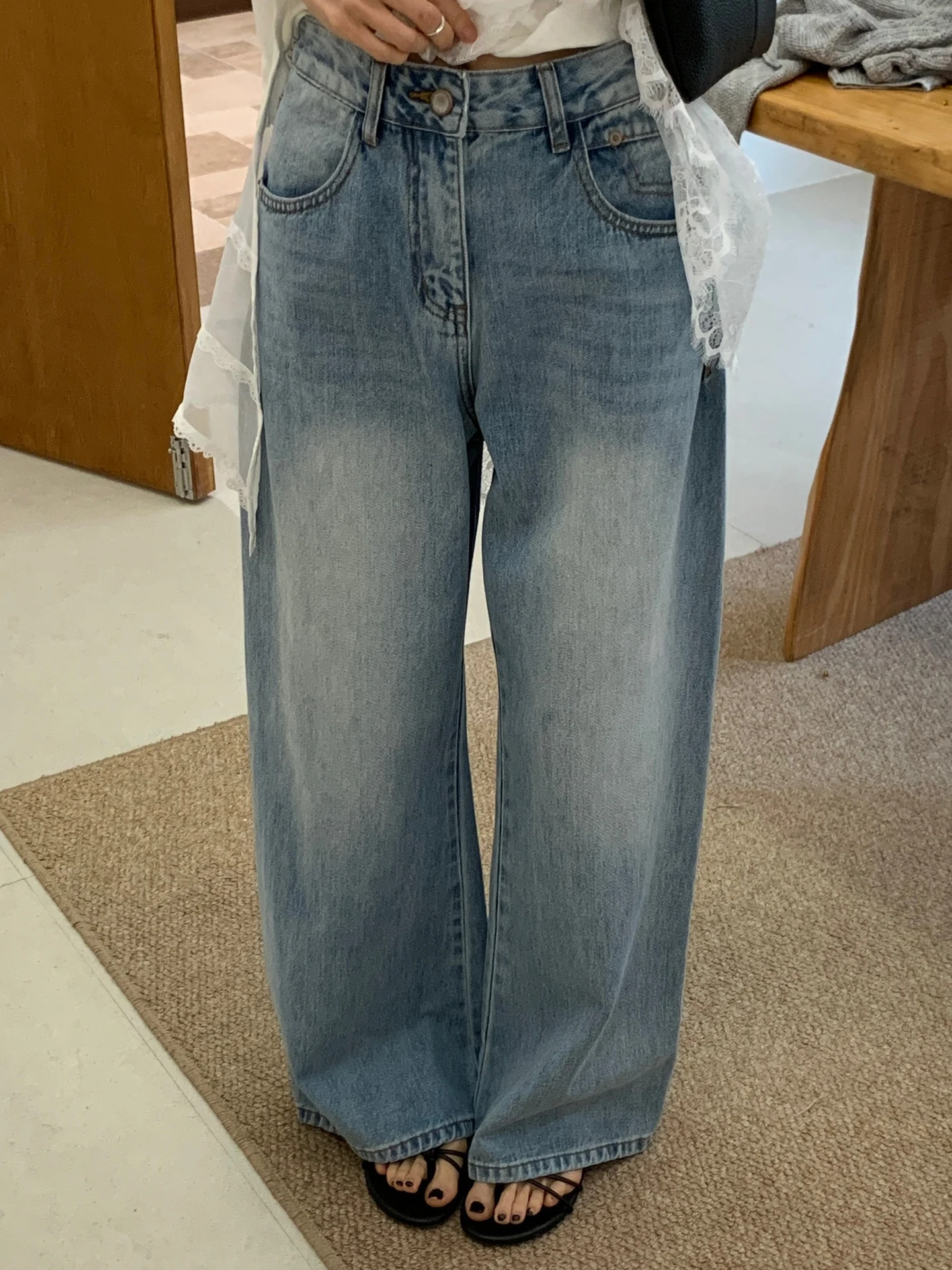 

Женские джинсы с высокой талией, винтажные, синие, из денима, весенние, новые, с эффектом потертости, свободные, широкие брюки для женщин