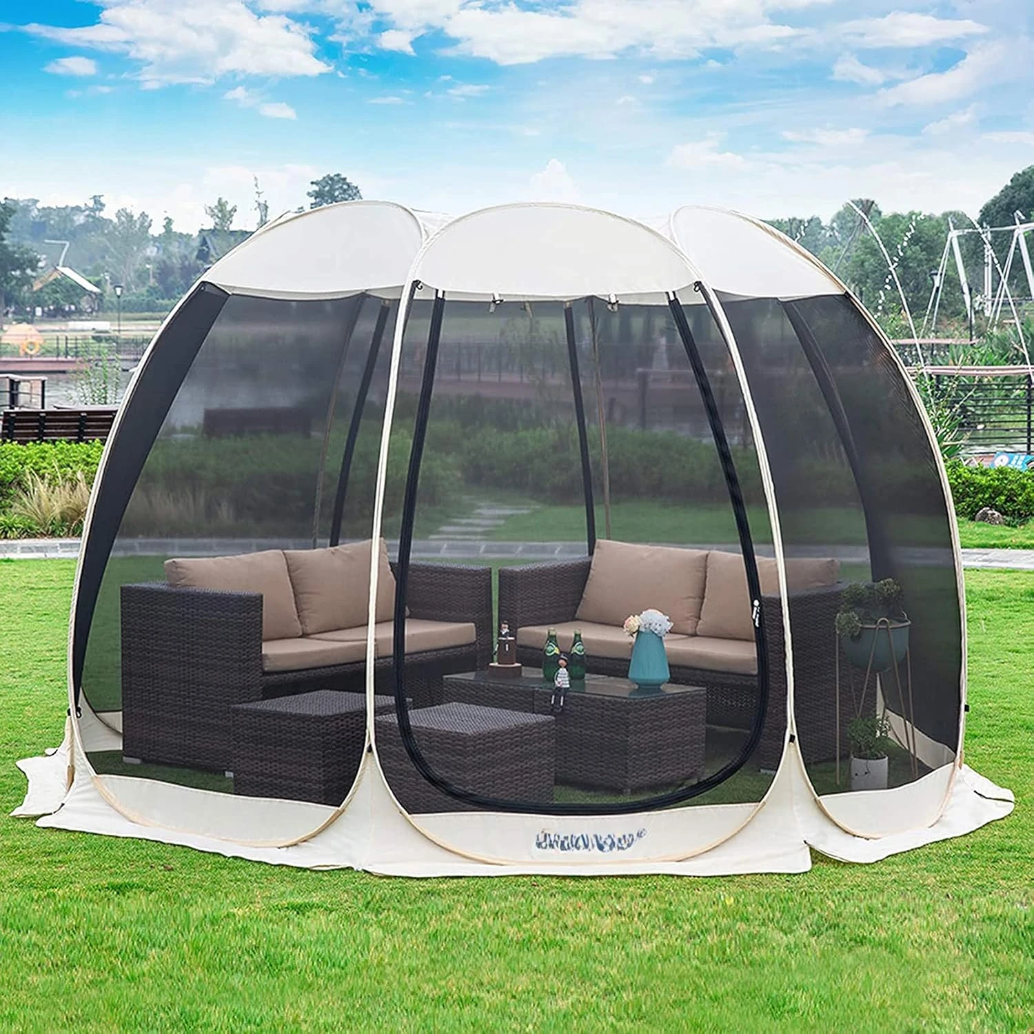 Screen House Gazebo, 6-10-15 Person Pop Up Igloo Screened Canopy Tent with Mosquito Netting Sides, Instant UV Resistant Sun