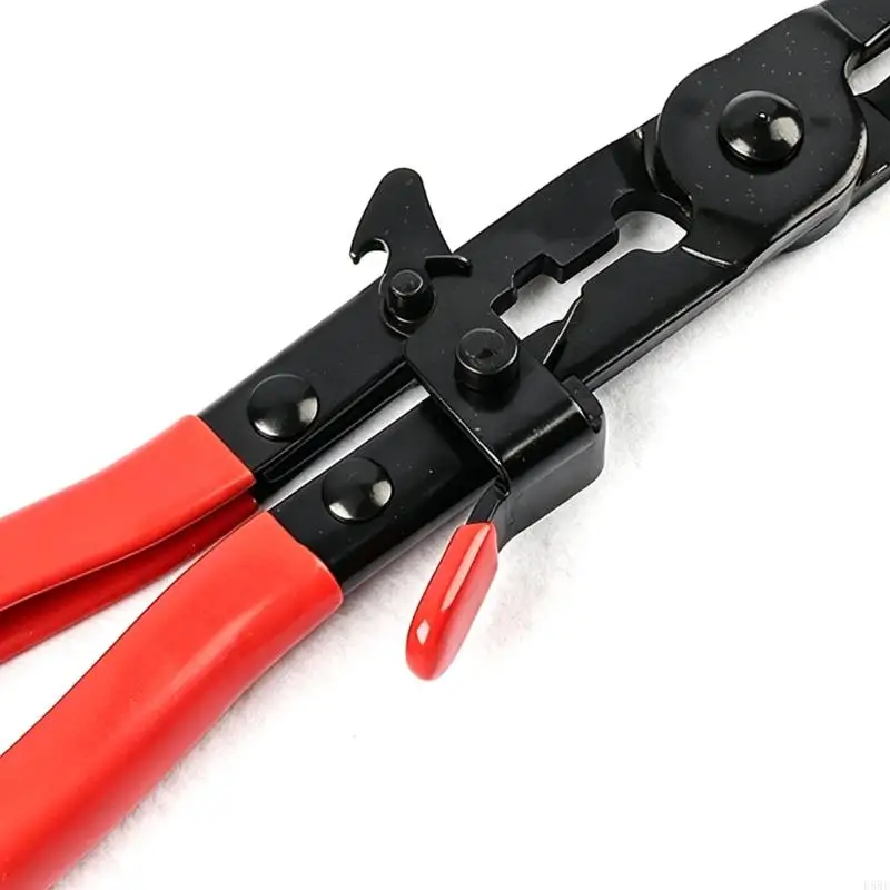 D5BE Hose Clamp Installation Tool with Linked Plier Body, Contoured Ends, and Red Grips for Restricted-Access Engine-Compartment