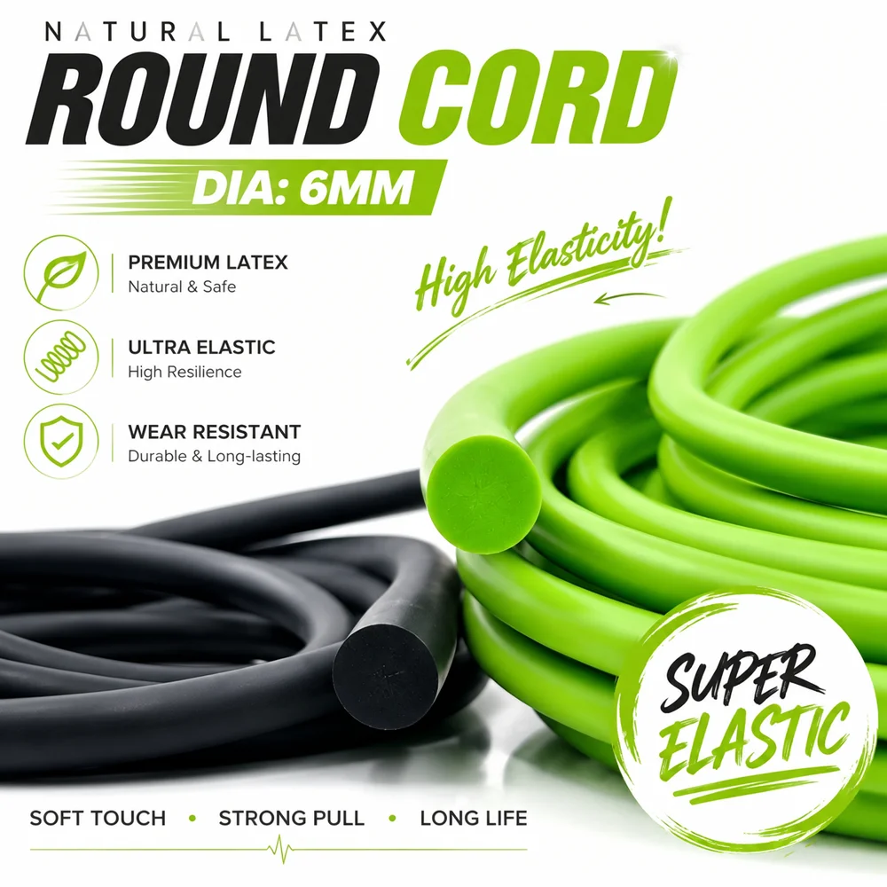 High Elasticity Black&Light Green Natural latex Round Cord Dia 6mm Strong compressive&tensile strength not easy to break