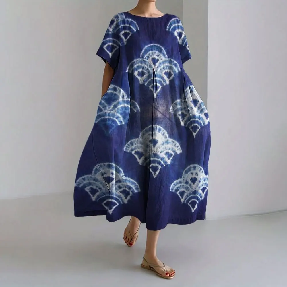 Women's Boho Fish Print Maxi Dress - Plus-Size Loose Fit Summer Dress with Pocket & O-Neck Elegant summer maxi dress