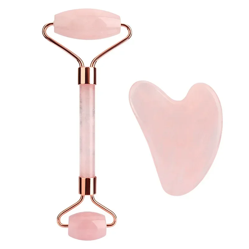 Rodillo de Jade de cuarzo rosa Natural y conjunto Gua Sha, masajeador de rodillo facial, tablero raspador en forma de corazón de Jade, herramienta de masaje para el cuidado de la piel