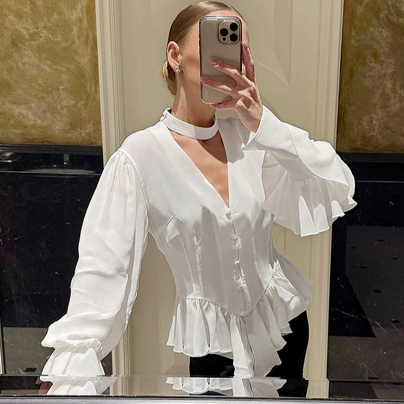 

Trendix Women's Elegant Ruffle Blouse Sexy Deep V Neck Patchwork Long Sleeve Button Tops Party Fashion Club Slim Evening Top