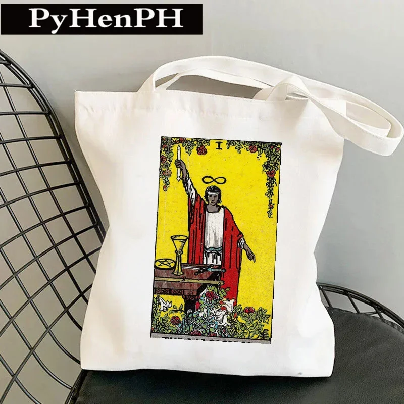 

Tarot Card Print Canvas Tote Bag - High Priestess Magician Mystical Occult Vintage Art Reusable Shoulder Shopping Bag for Women