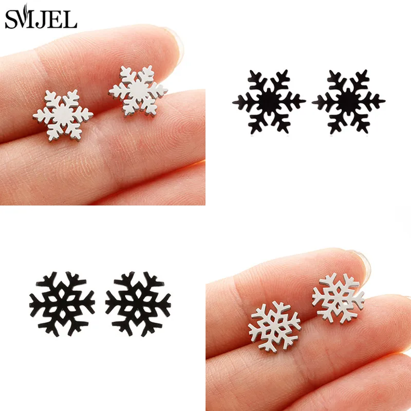 Bonitos pendientes simples de acero inoxidable con forma de copo de nieve para mujer, joyería de Navidad, pendientes de flores de nieve para invierno, regalos para Piercing en la oreja