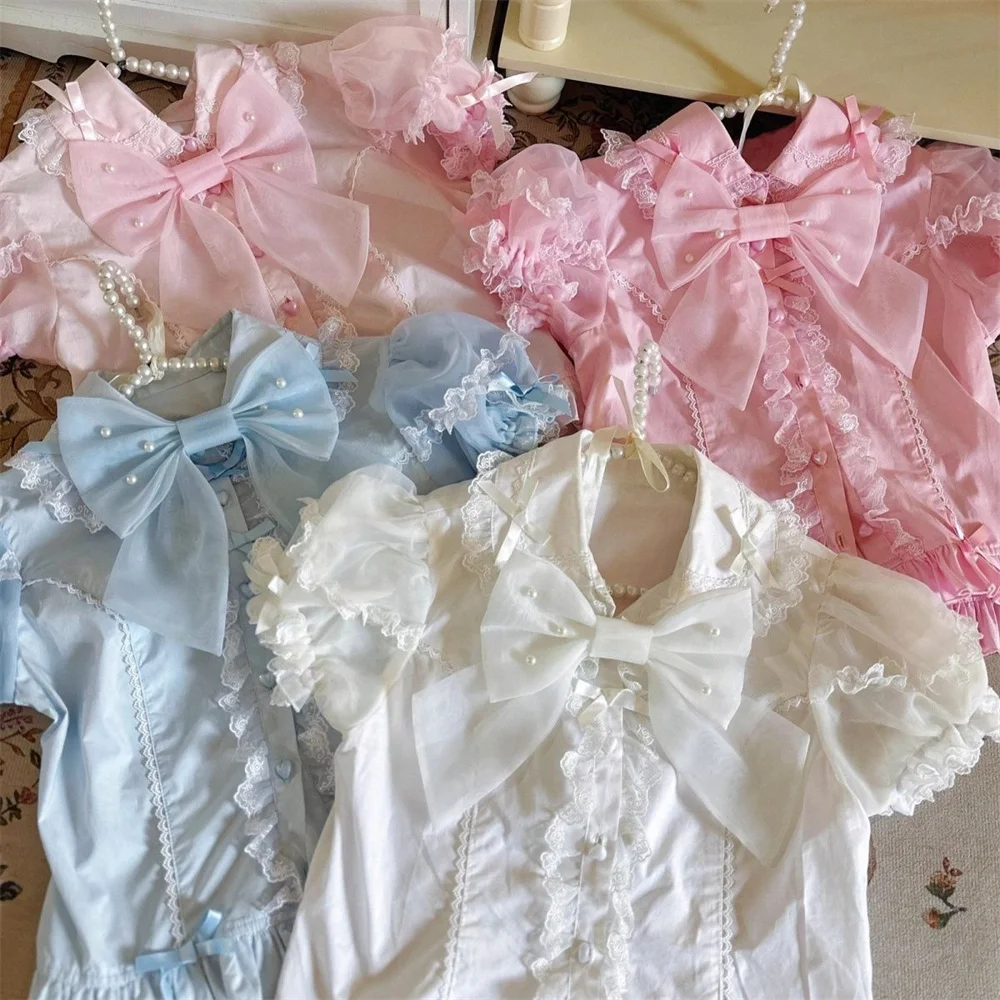 女性用スイートパールボウフリル付き日本風カワイイロリータシャツ、ピーターパンカラー、プリンセスブラウス、女性用Y2K半袖トップス、ブラウス