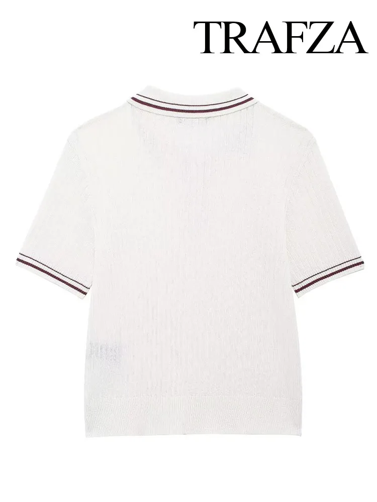 TRAFZA Women Summer Elegant Ribbed Turn Down Collar Short Sleeve Button Decorate Sweater Top Female Knitted Pullover Tops Mujer