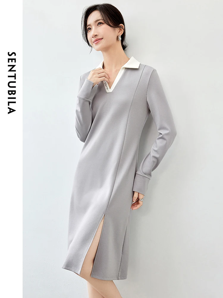 SENTUBILA Women Letter Embroidery Knitted Dresses   2024 Autumn Patchwork Polo Neck Slit-hem Simple  Dress 143L56702