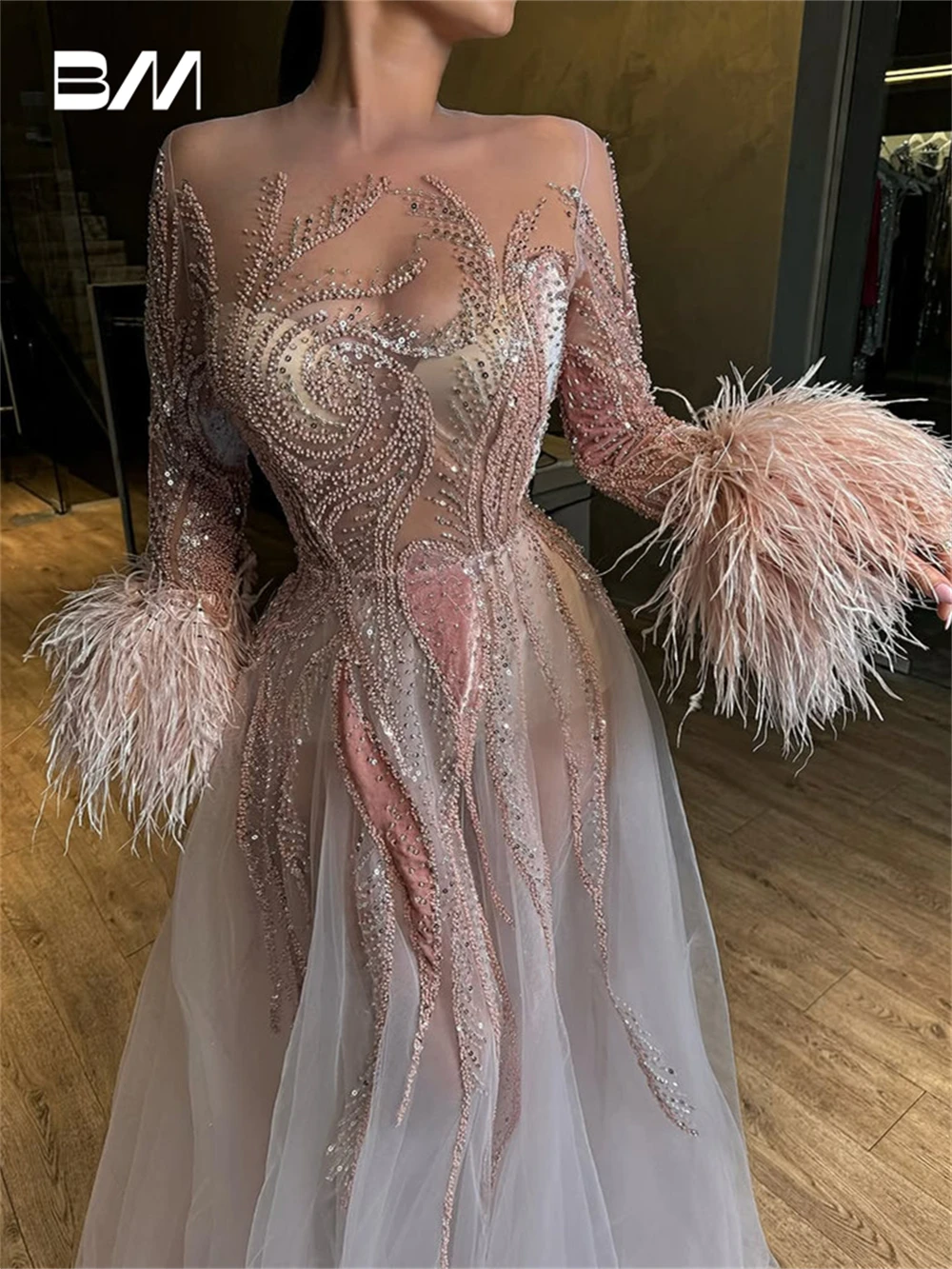 

Sheer Neck Beading Prom Dress for Women, Long Sleeves with Feathers, Customized Long Evening Dresses, Luxury Women's Party Gown