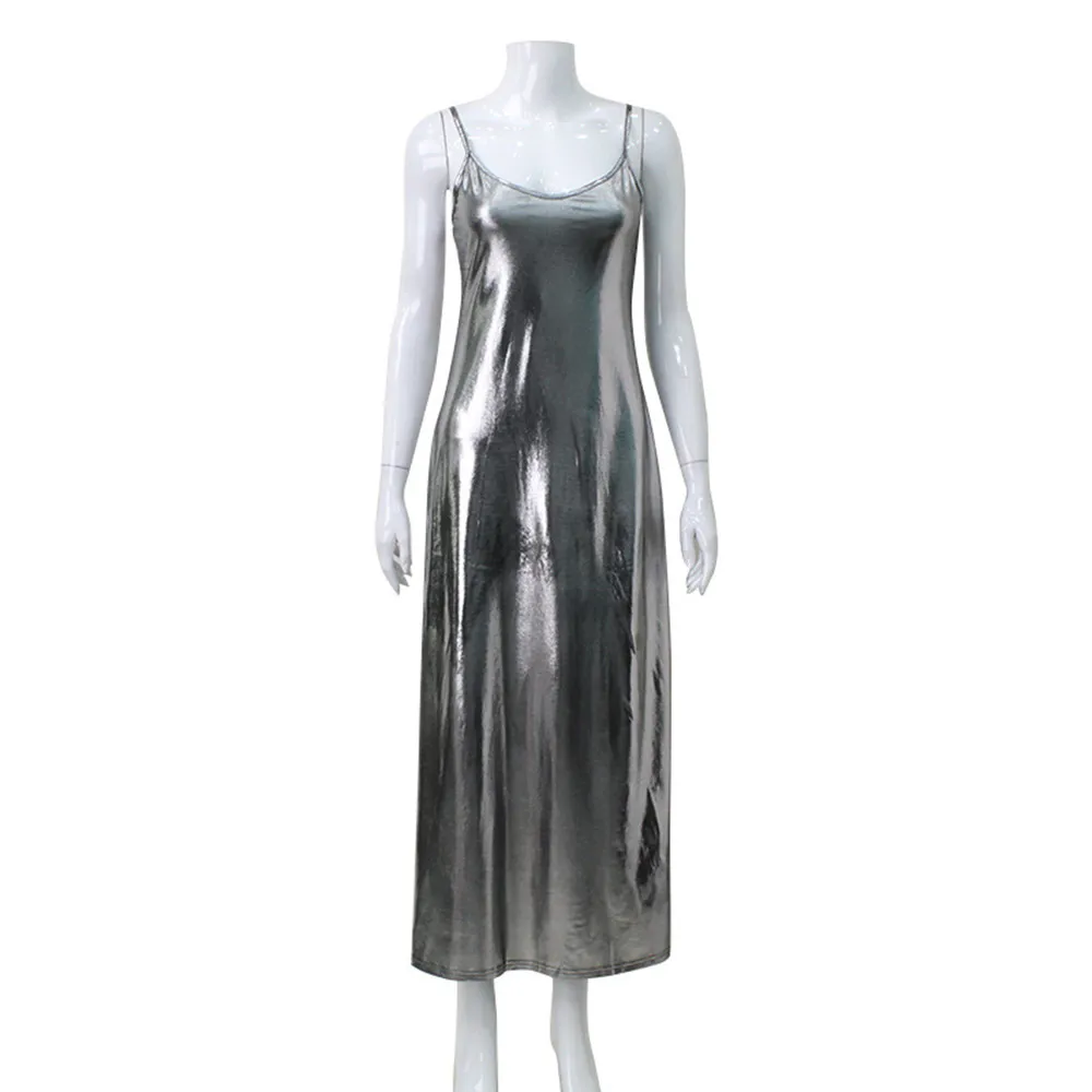 SKMY Y2k Clothes Women New Low Cut V-Neck Sexy Nightclub Dress Solid Color Silver Slim Fit Long Dresses Elegant Evening Party