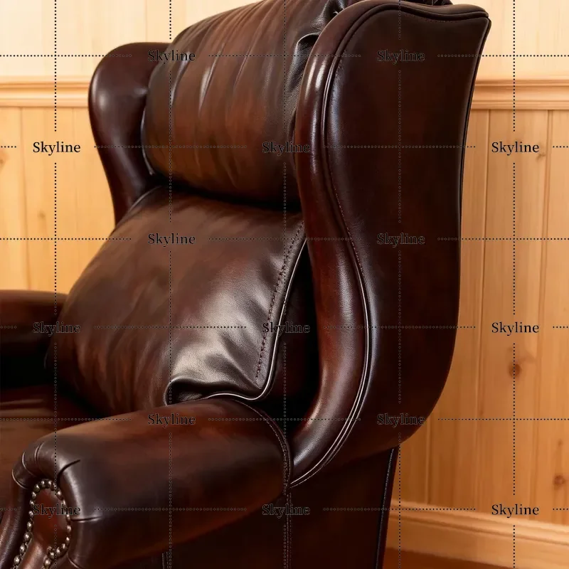 for American Retro Full Leather Single Sofa Chair Dark Brown Oil Wax Leather Tiger Chair Solid Wood Carving Flower Foot