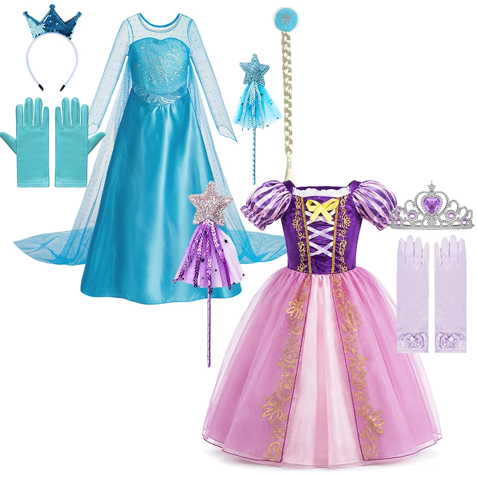 Girls Princess Dress Up Set Snow Queen Cosplay Costume Children Carnival Party Fancy Dress Halloween World Book Week Outfit