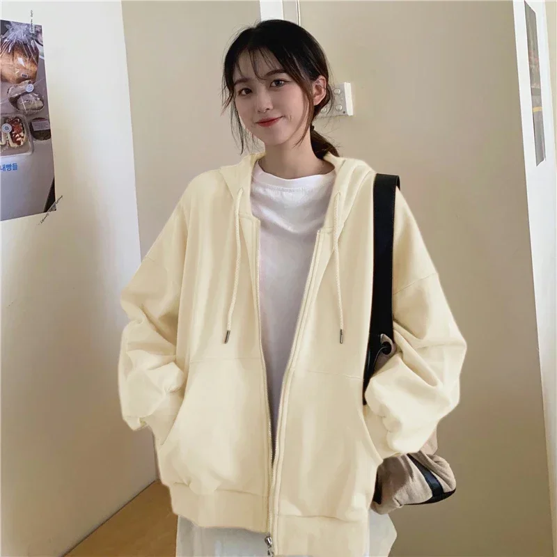 Y2k Autumn Hooded Sweatshirts With Pocket For Women Plus Size Long Sleeve Vintage Casual Cardigan Streetwear Solid Zip Up Hoodie