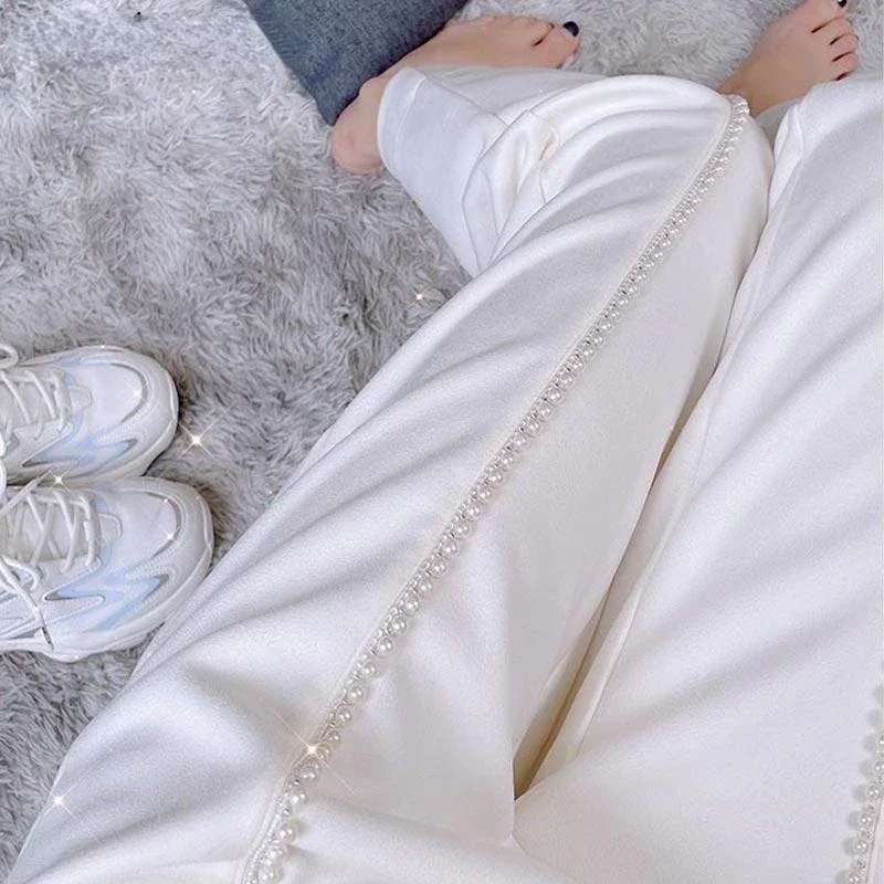 

White Pants Spring Korean Fashion Trousers Women High Waist Wide Leg Pantalon Beading Loose Casual Pantalones De Mujer