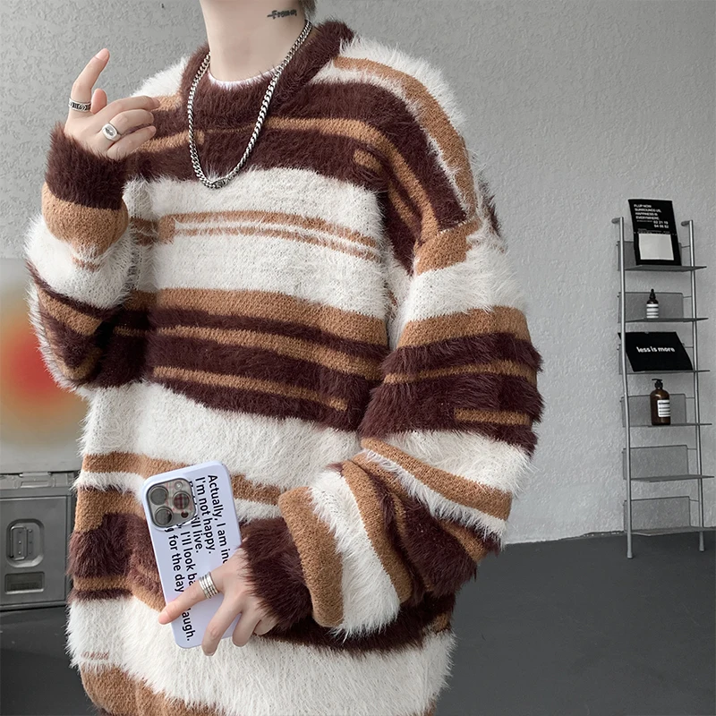 

Sweater men new Stripes loose Turtleneck sweater 2025 Autumn winter warm Knitted sweater man street fashion