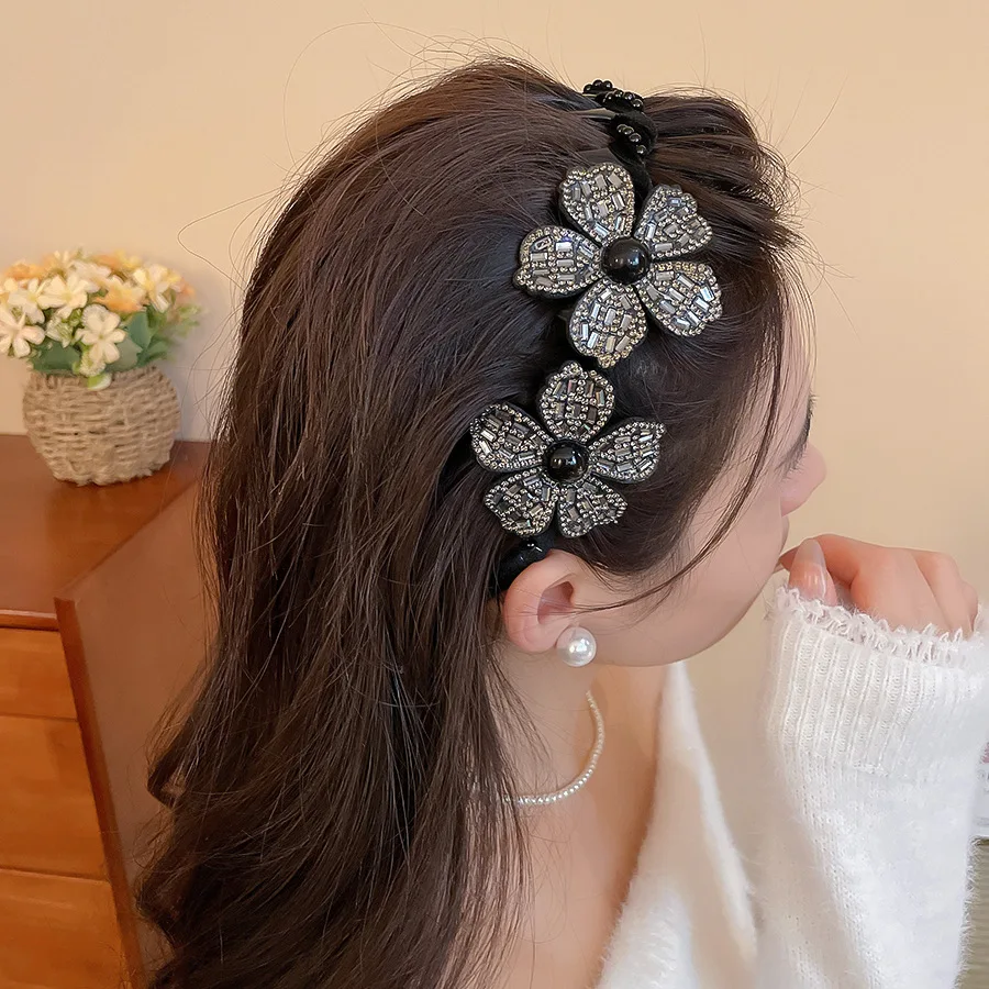 2Pcs Set Funkelnden Diamant Blume Feder Haar Zubehör Set Haar Hoop + Grip Clip frauen Bankett Stil pan Haar Zubehör – Detail 12