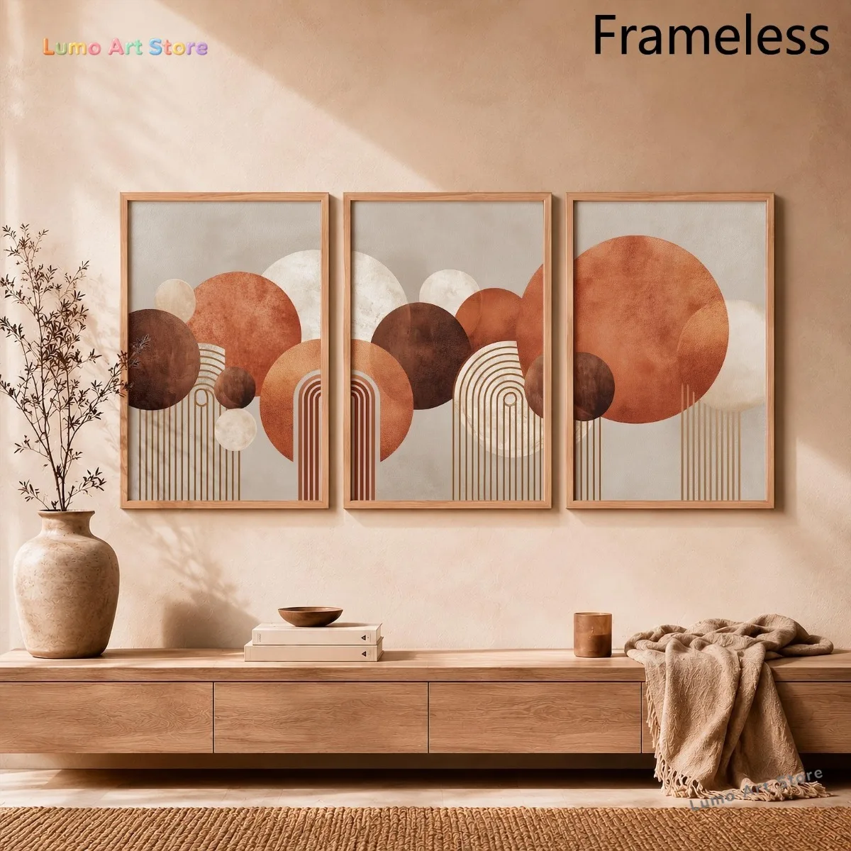 2D Flat, 3pcs Boho Geometric Triptych Wall Art Suitable for Modern Minimalist Decor, Abstract Circle & Arch Prints in Terraco