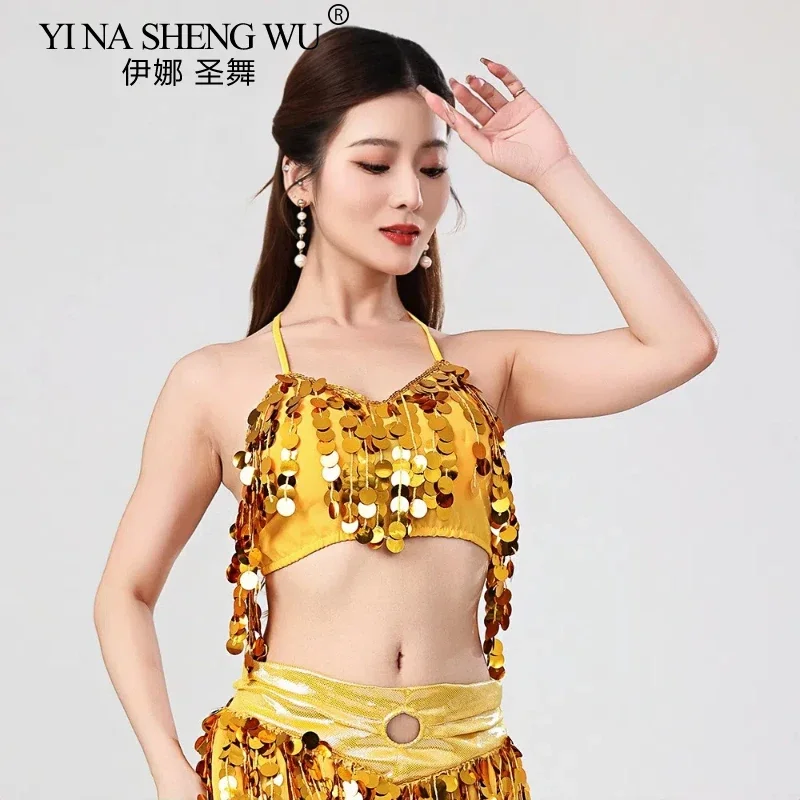 Women Belly Dance Costume Sexy Lace Up Crop Top Padded Bra Halter Dancewear With Sequins Coins Tassel Oriental Performance Outfi